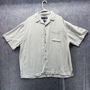 Nat Nast Shirt Mens XL Beige 100% Silk Short Sleeve Camp Button Front Casual